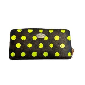 Coach accordion Brown Logo zip wallet with fluorescent yellow dot